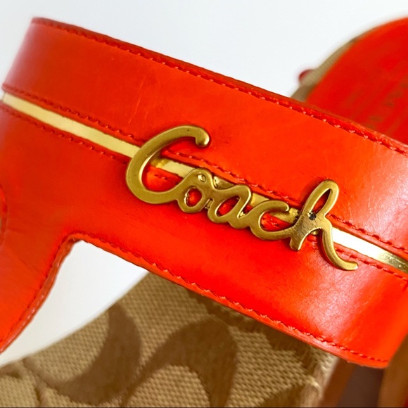 Coach Jonah open toe orange leather straps brown wood platform chunky cone heels - Picture 9 of 12